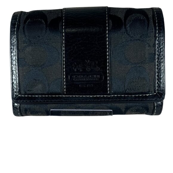 COPY - Coach Black Canvas Leather Trim Small Credit Card/Coin Bifold Wallet - Picture 1 of 12